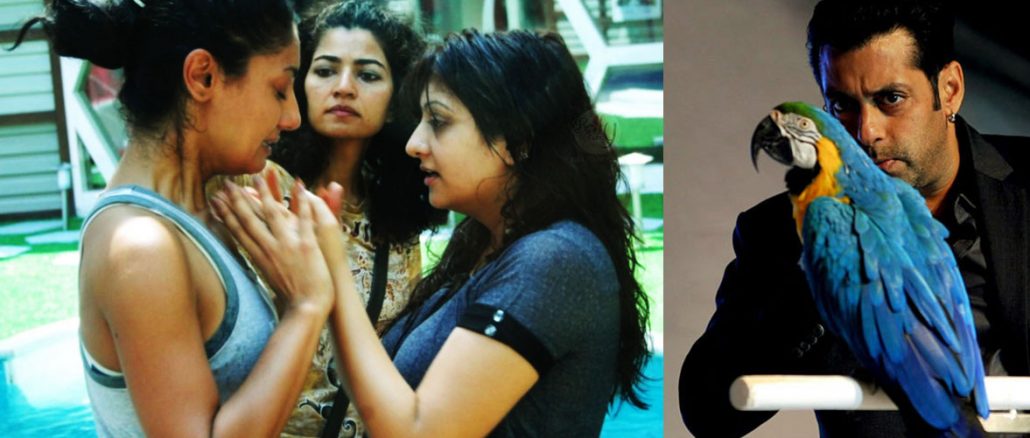 Left Mahek Chahal Mandeep Bevli Juhi Parmar in BB5 Right Salman Khan during the promotions of BB6